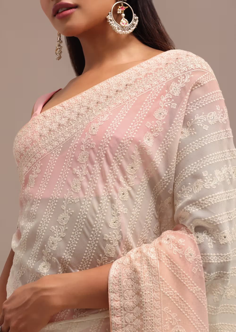 Peach Ombre Chikankari Saree With Unstitched Blouse — view 5