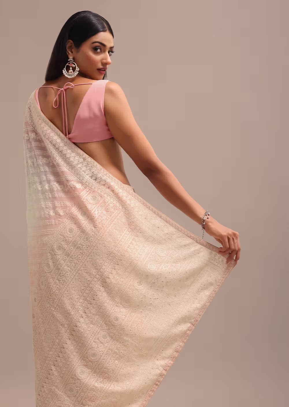 Peach Ombre Chikankari Saree With Unstitched Blouse — view 9