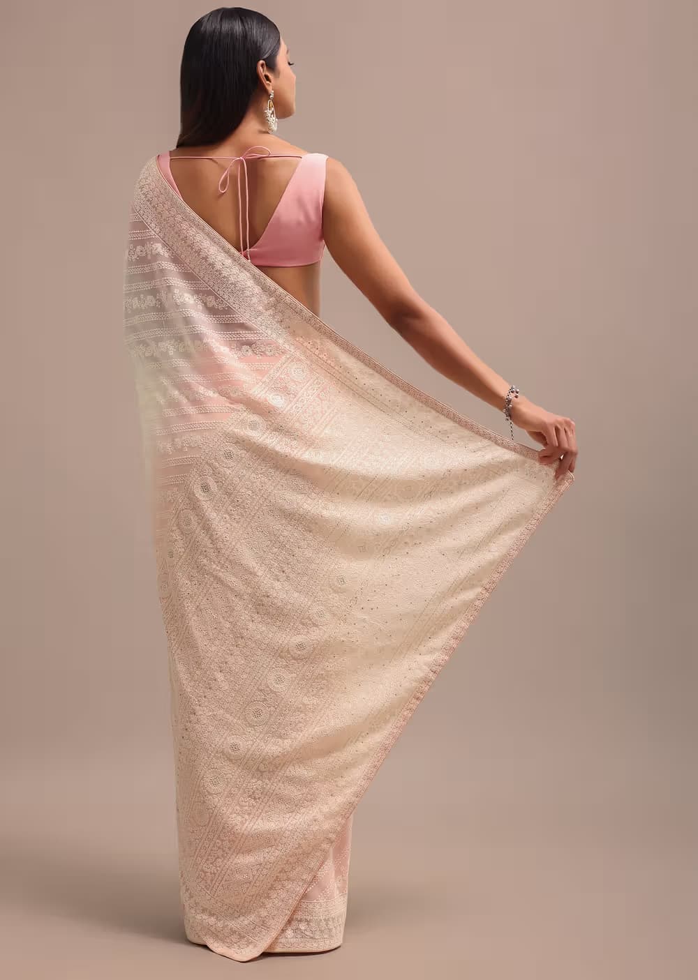 Peach Ombre Chikankari Saree With Unstitched Blouse — view 7