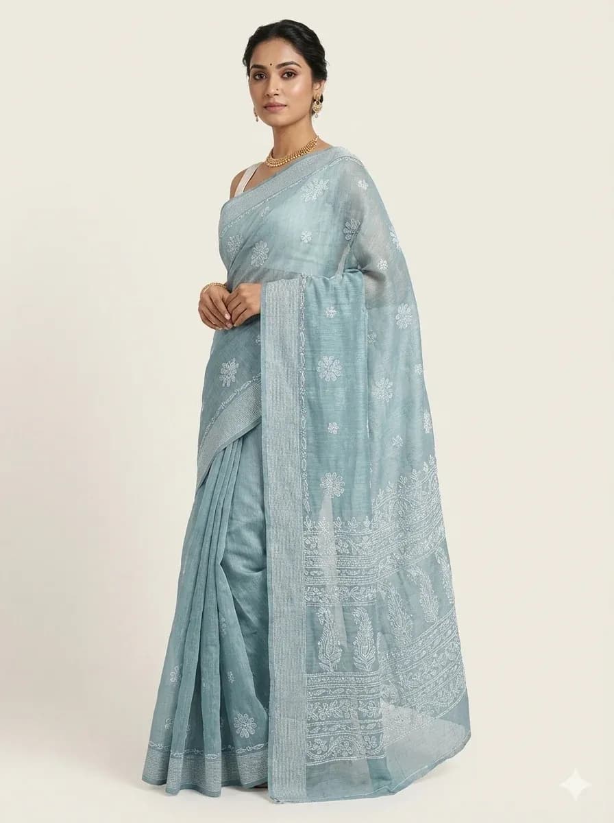 Soft Grey Chanderi Chikankari Saree with White Hand Embroidery & Detailed Border — view 7