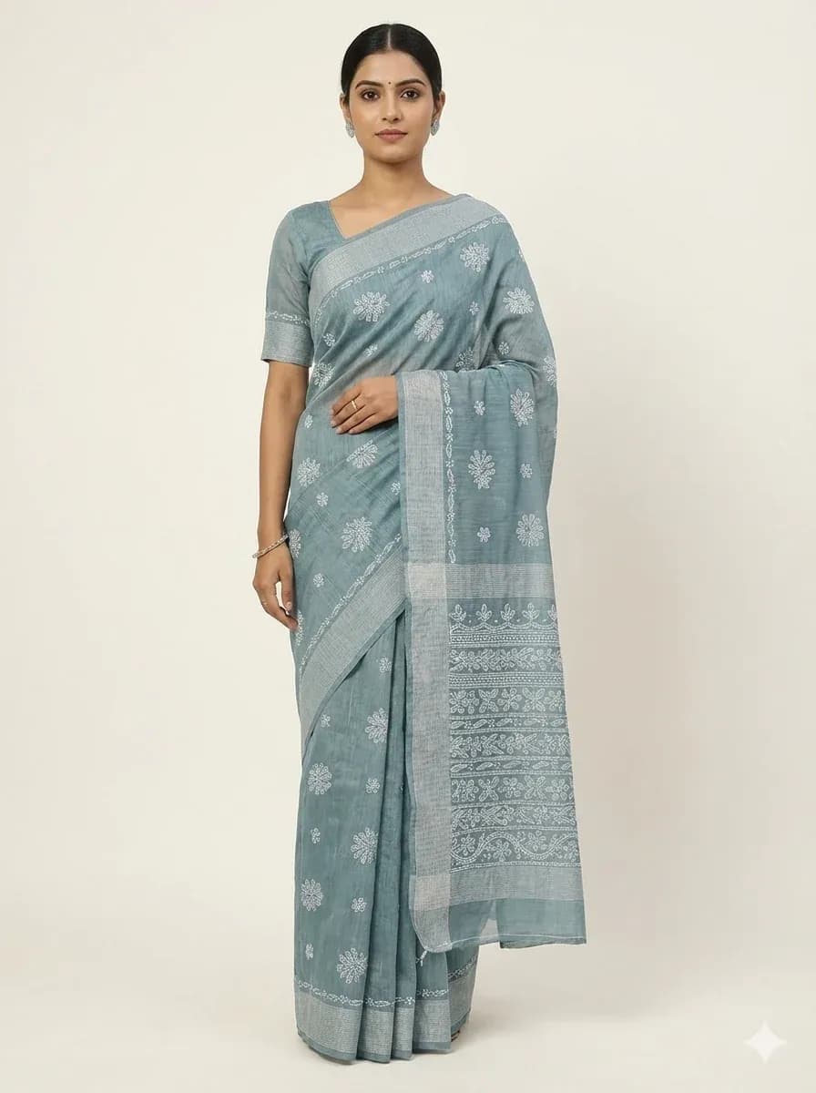 Soft Grey Chanderi Chikankari Saree with White Hand Embroidery & Detailed Border — view 5