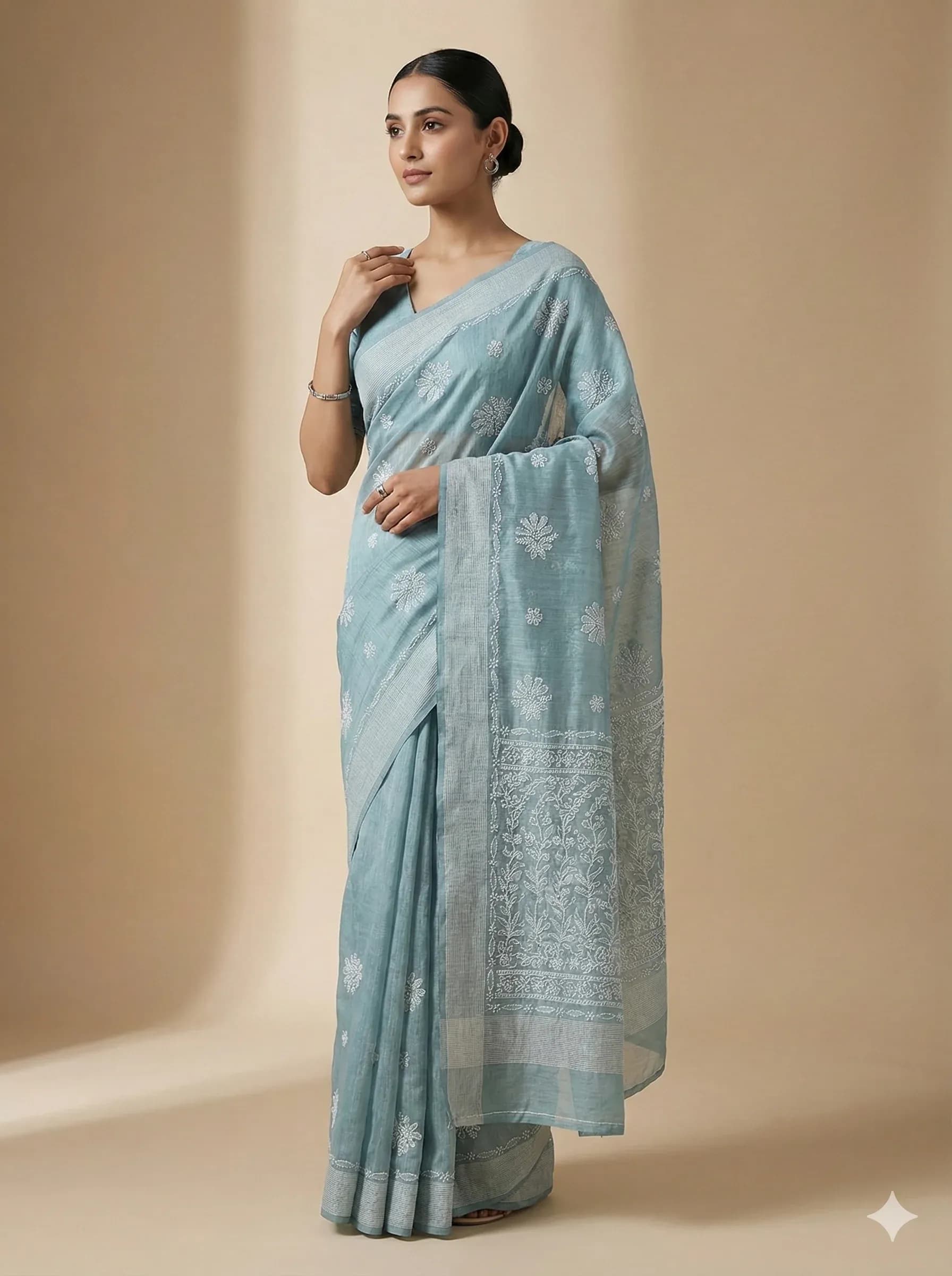 Soft Grey Chanderi Chikankari Saree with White Hand Embroidery & Detailed Border — view 9