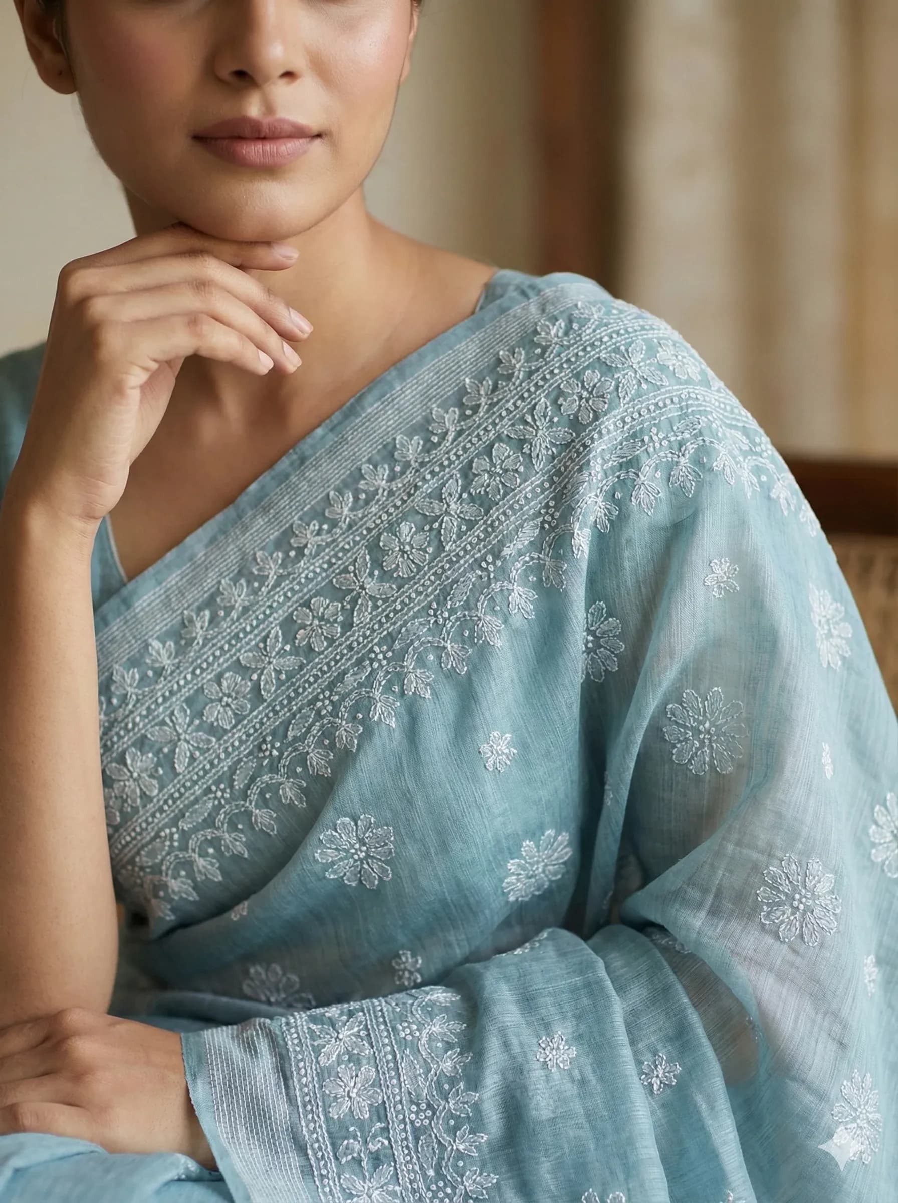 Soft Grey Chanderi Chikankari Saree with White Hand Embroidery & Detailed Border — view 11