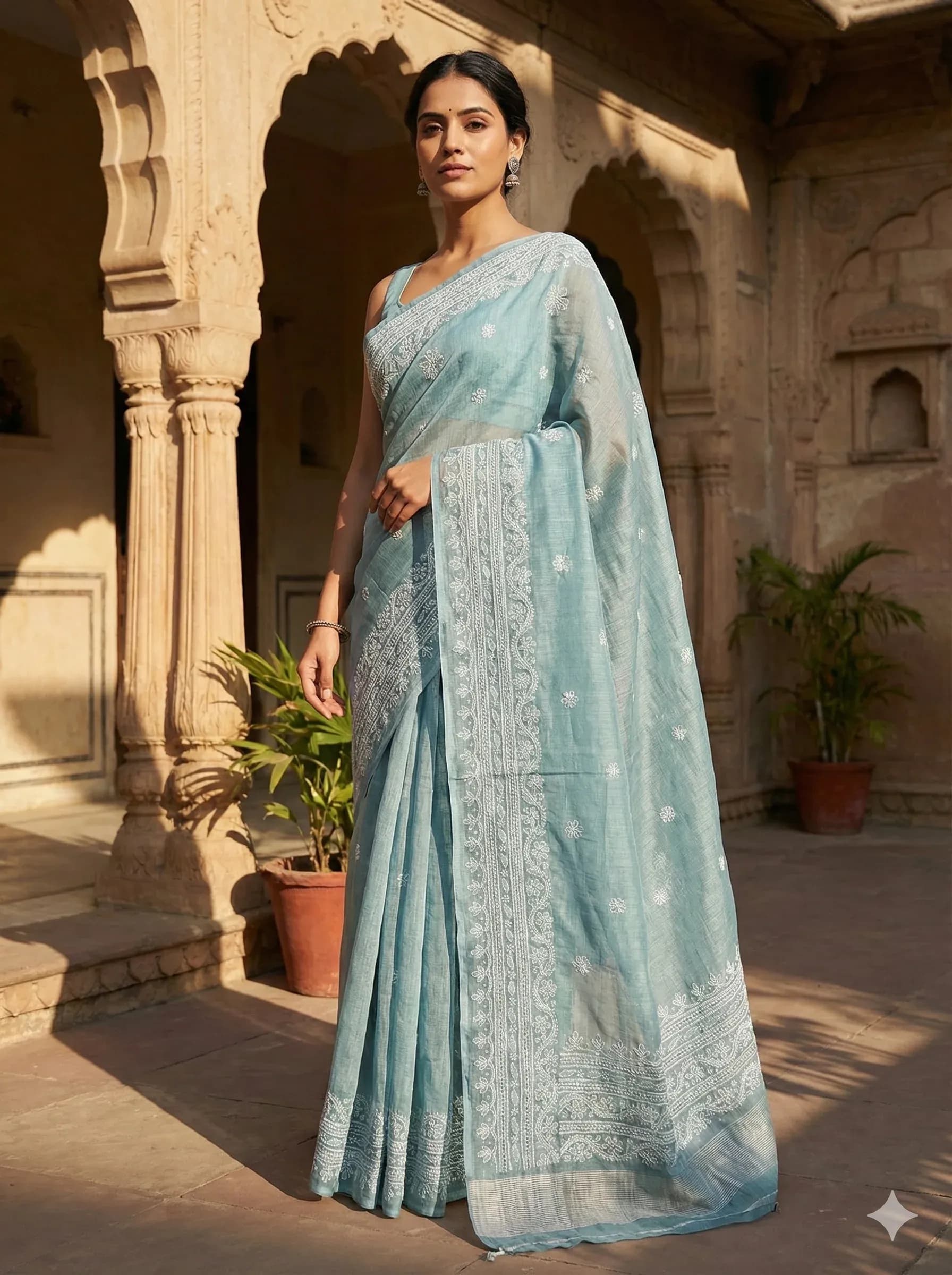Soft Grey Chanderi Chikankari Saree with White Hand Embroidery & Detailed Border — view 3