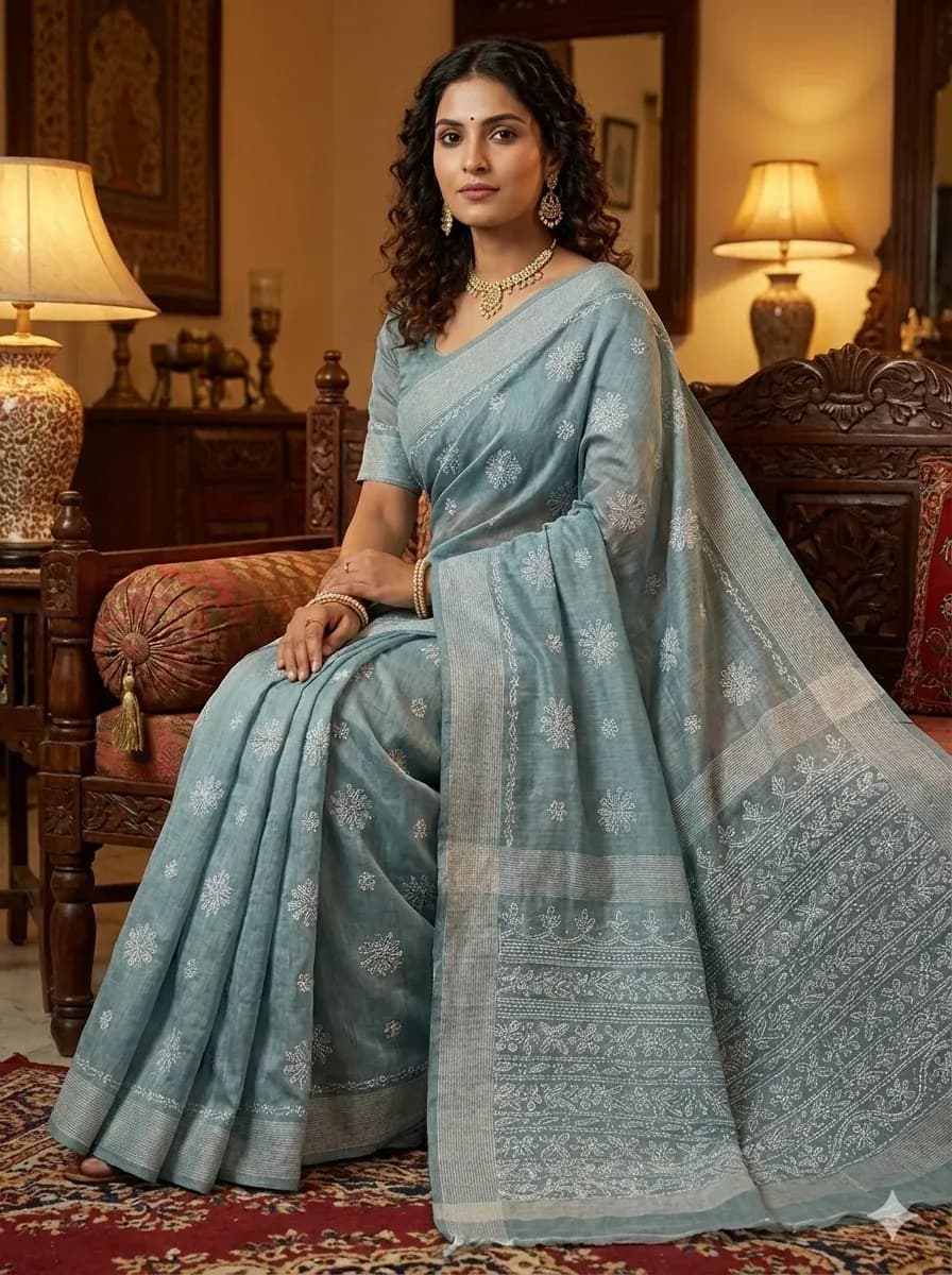 Soft Grey Chanderi Chikankari Saree with White Hand Embroidery & Detailed Border