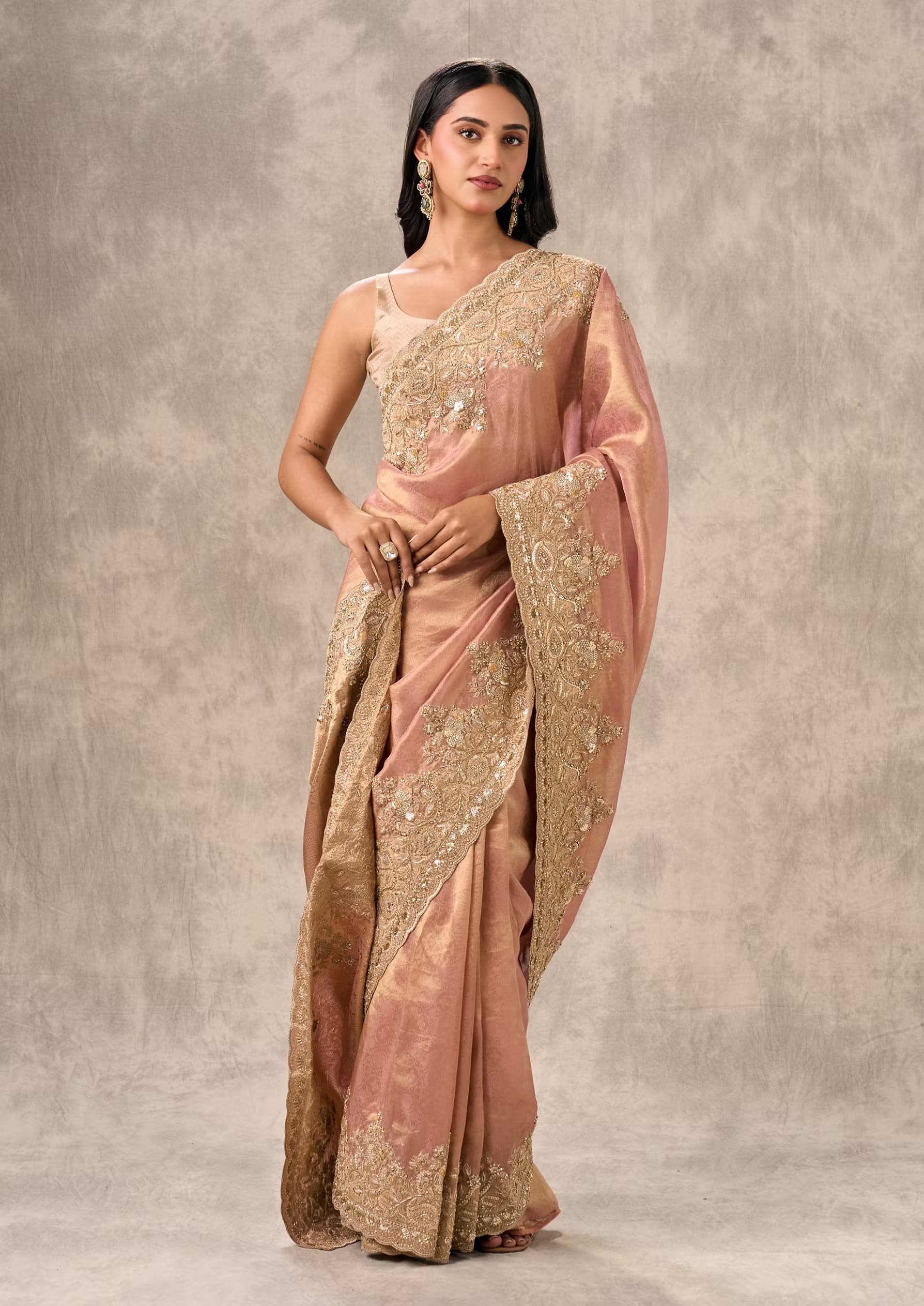 Peach Tissue Zardosi Paisley Embroidered Saree