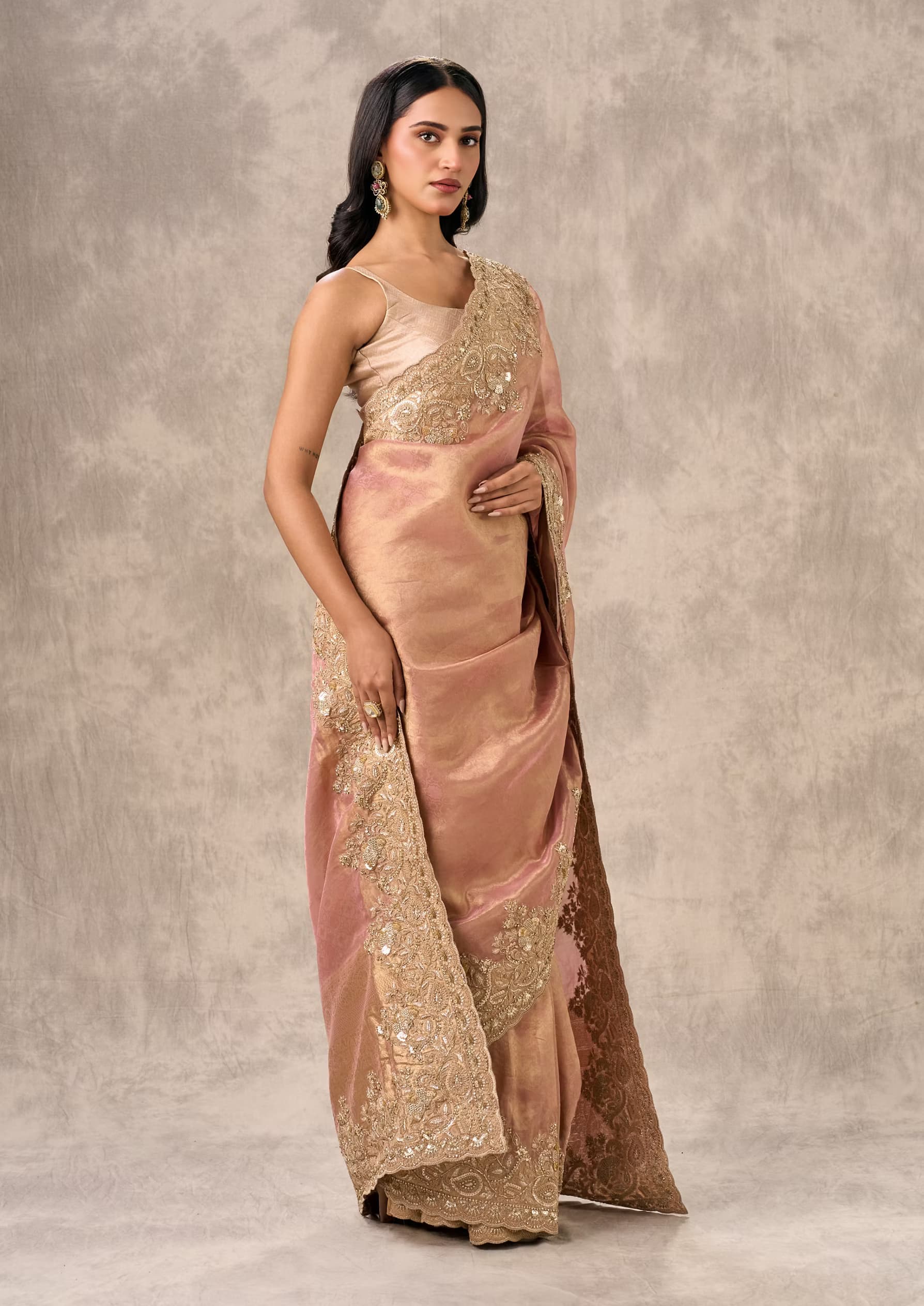 Peach Tissue Zardosi Paisley Embroidered Saree — view 2
