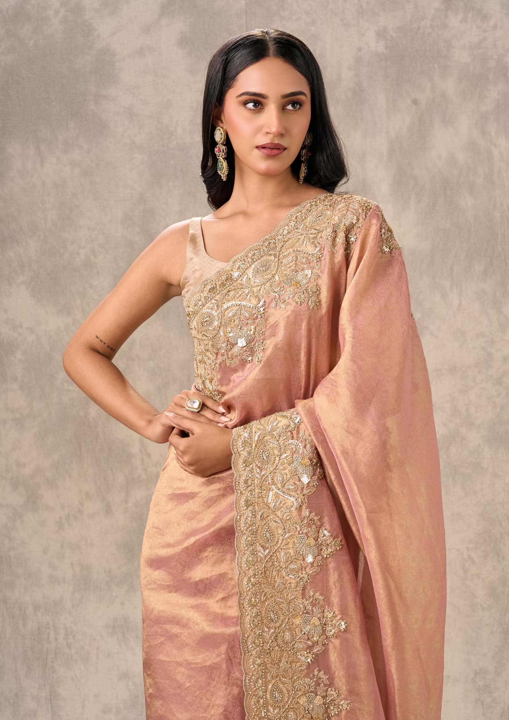 Peach Tissue Zardosi Paisley Embroidered Saree — view 4