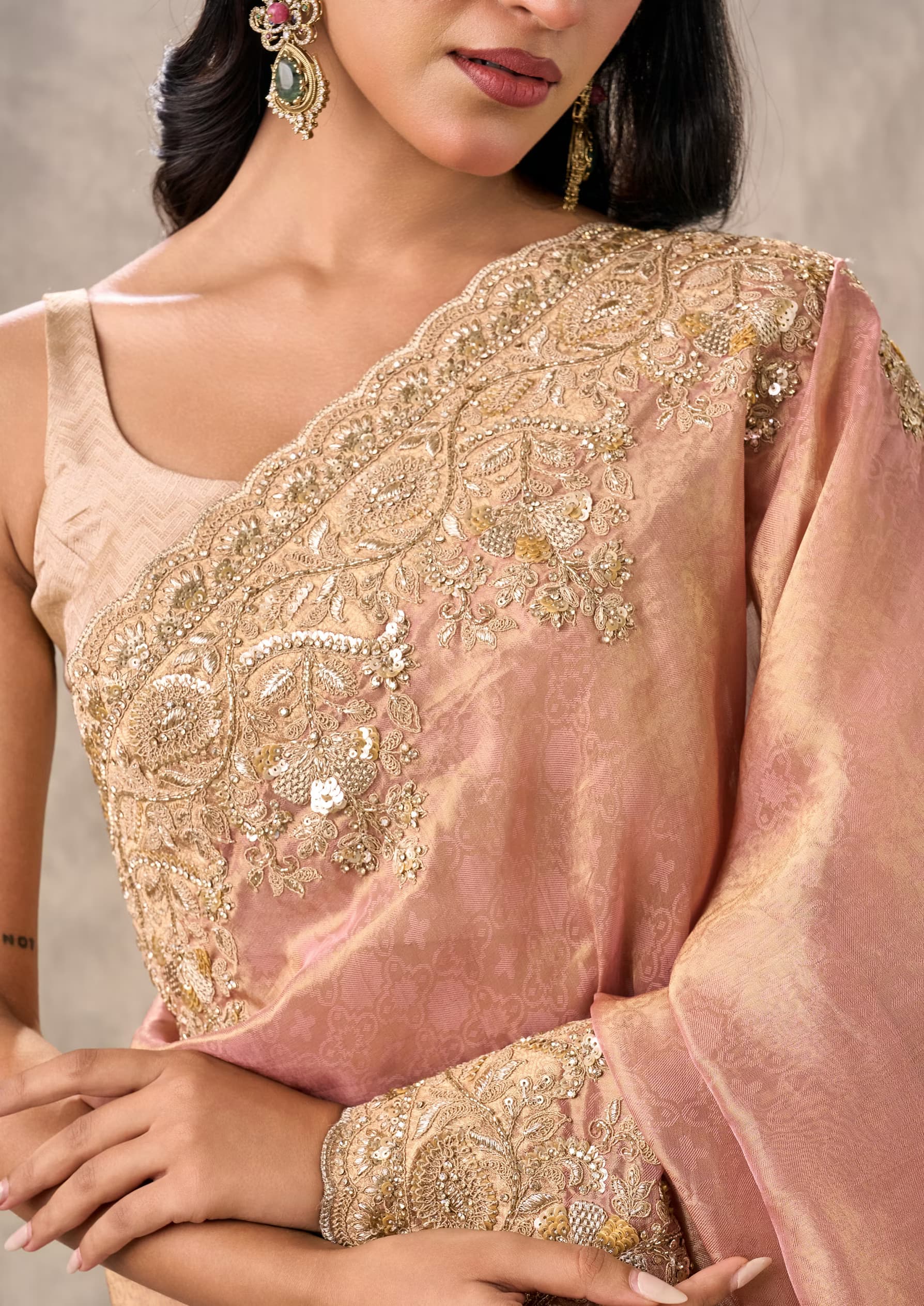 Peach Tissue Zardosi Paisley Embroidered Saree — view 5