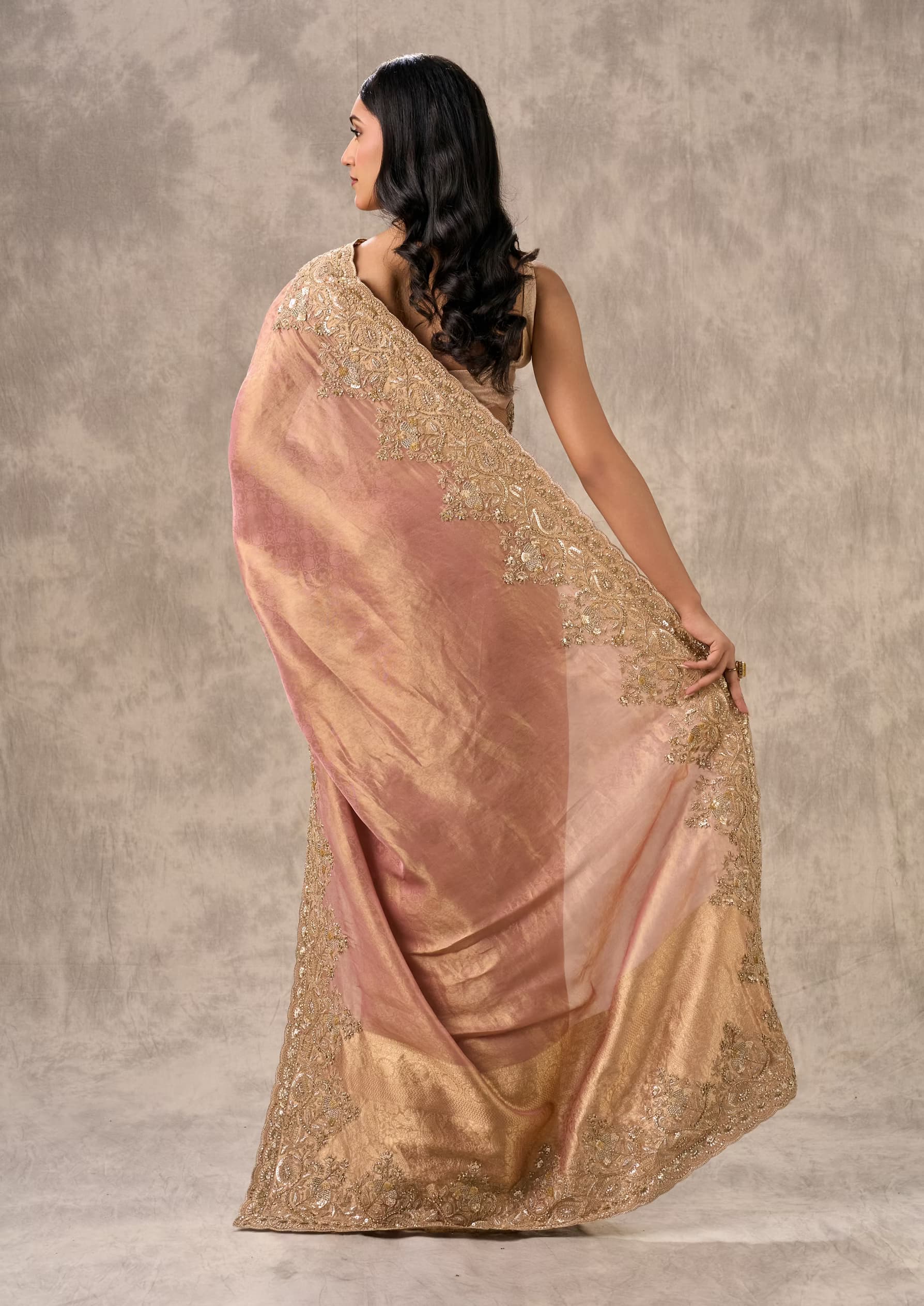 Peach Tissue Zardosi Paisley Embroidered Saree — view 3