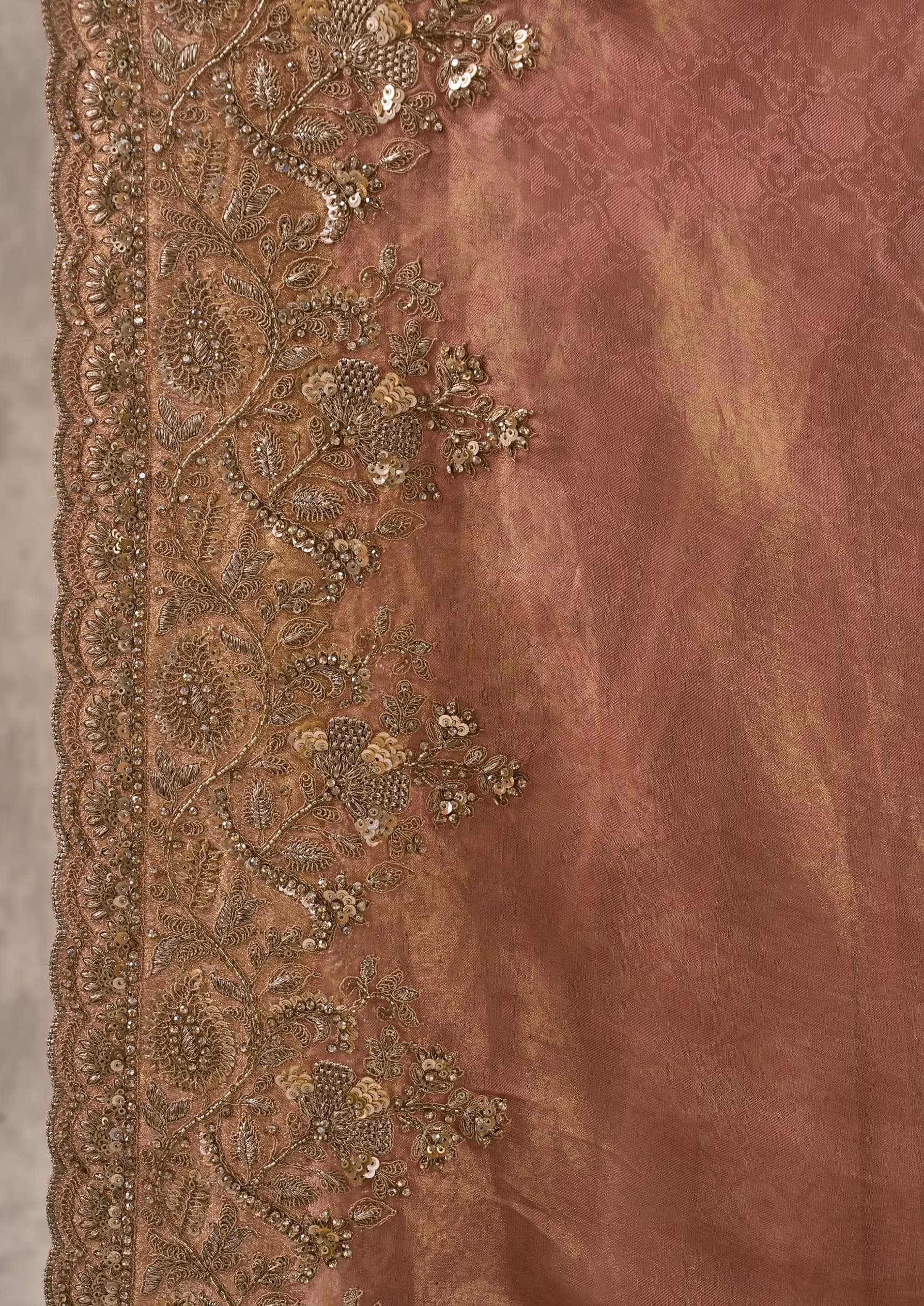 Peach Tissue Zardosi Paisley Embroidered Saree — view 6