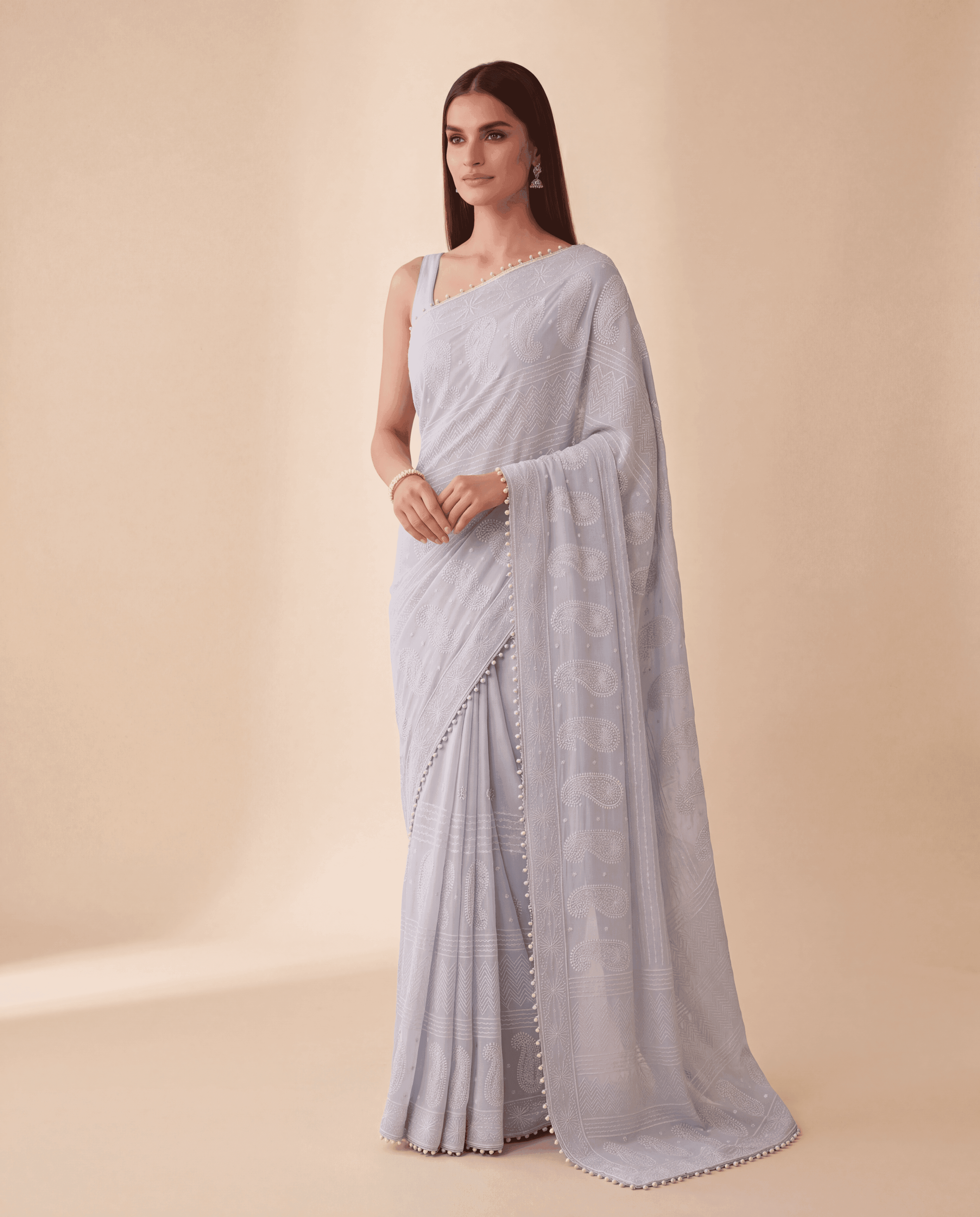 Powder Blue Handcrafted Chikankari Embroidered Saree with Crochet Loop Border and Unstitched Blouse — view 7