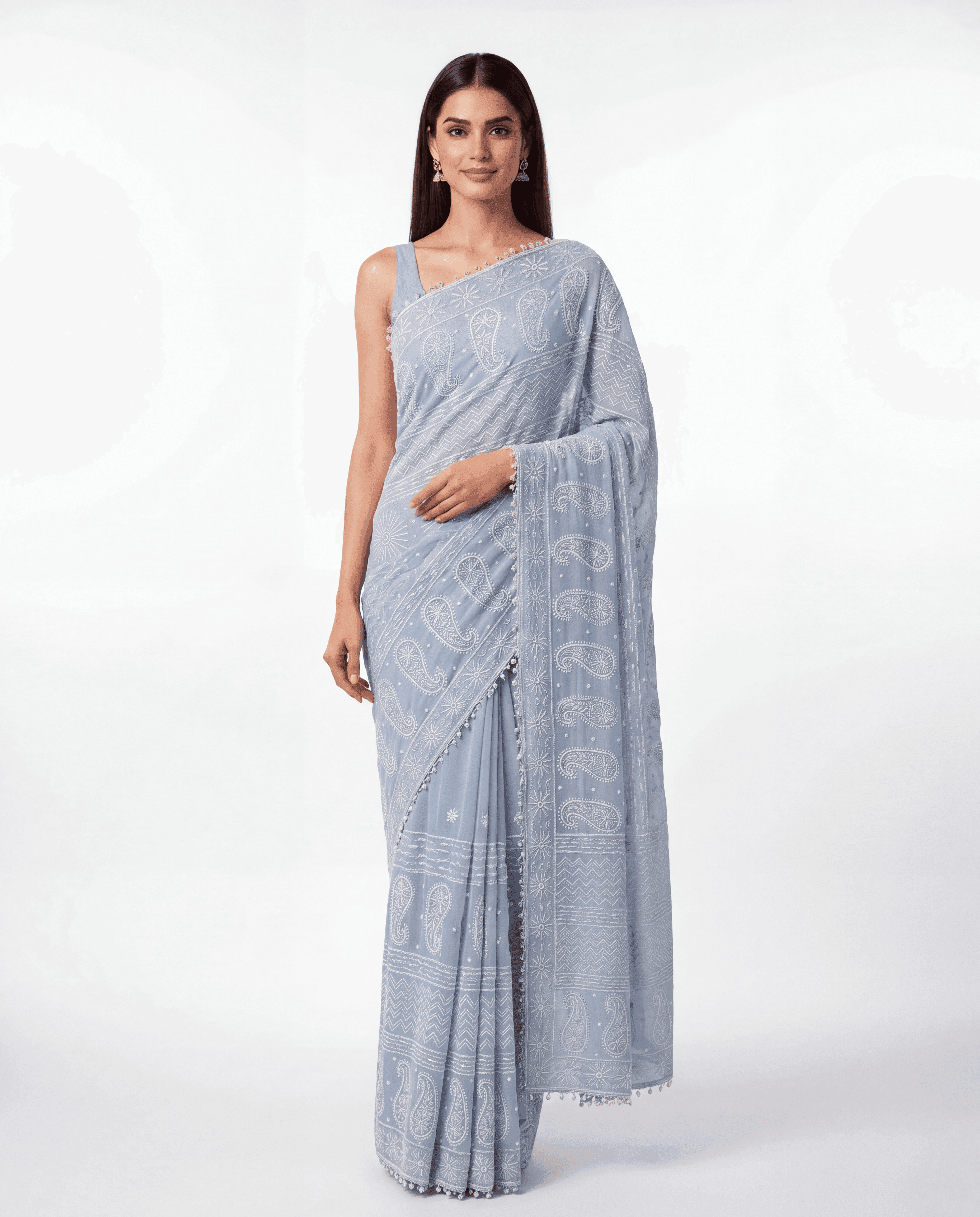 Powder Blue Handcrafted Chikankari Embroidered Saree with Crochet Loop Border and Unstitched Blouse — view 5