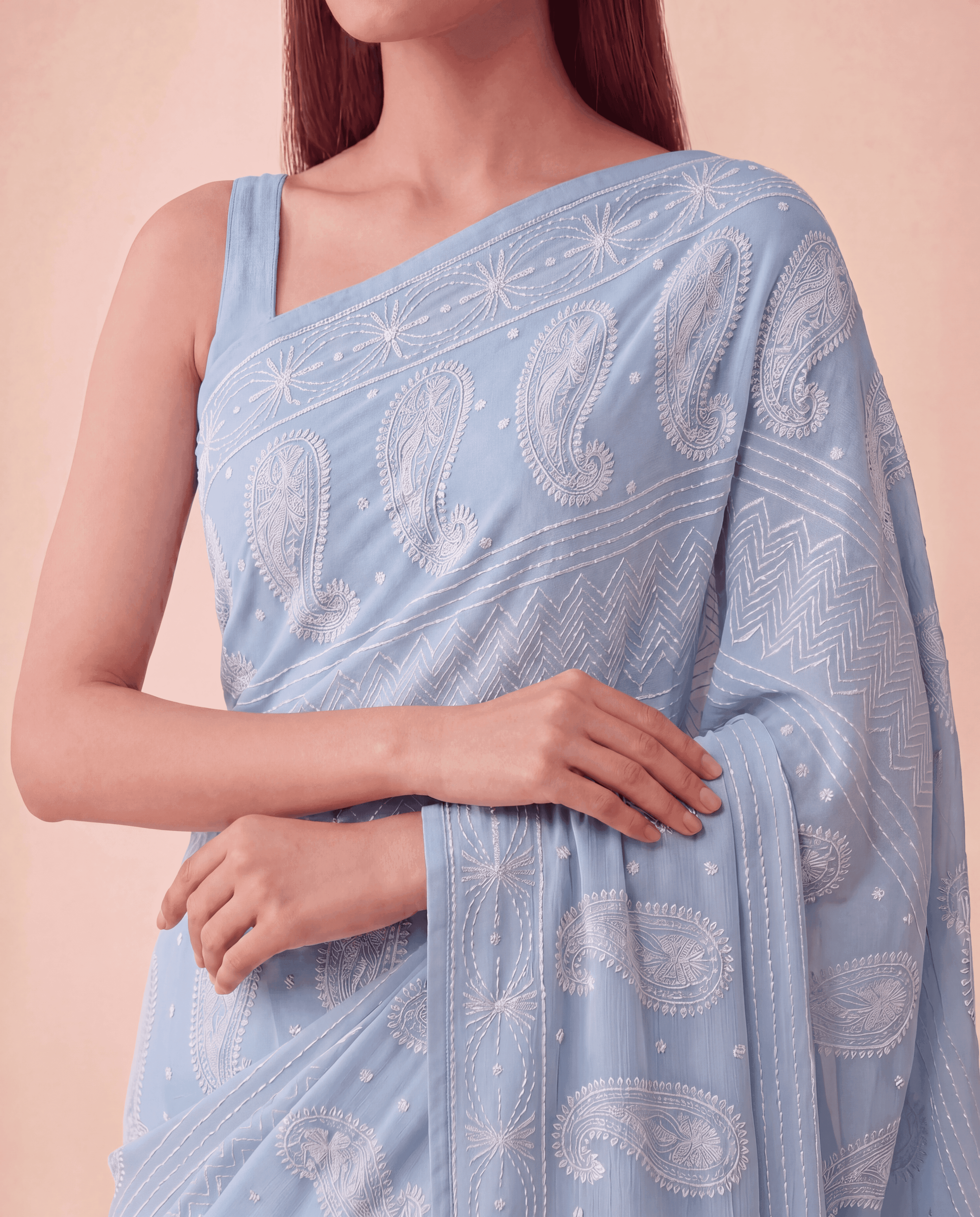 Powder Blue Handcrafted Chikankari Embroidered Saree with Crochet Loop Border and Unstitched Blouse — view 9