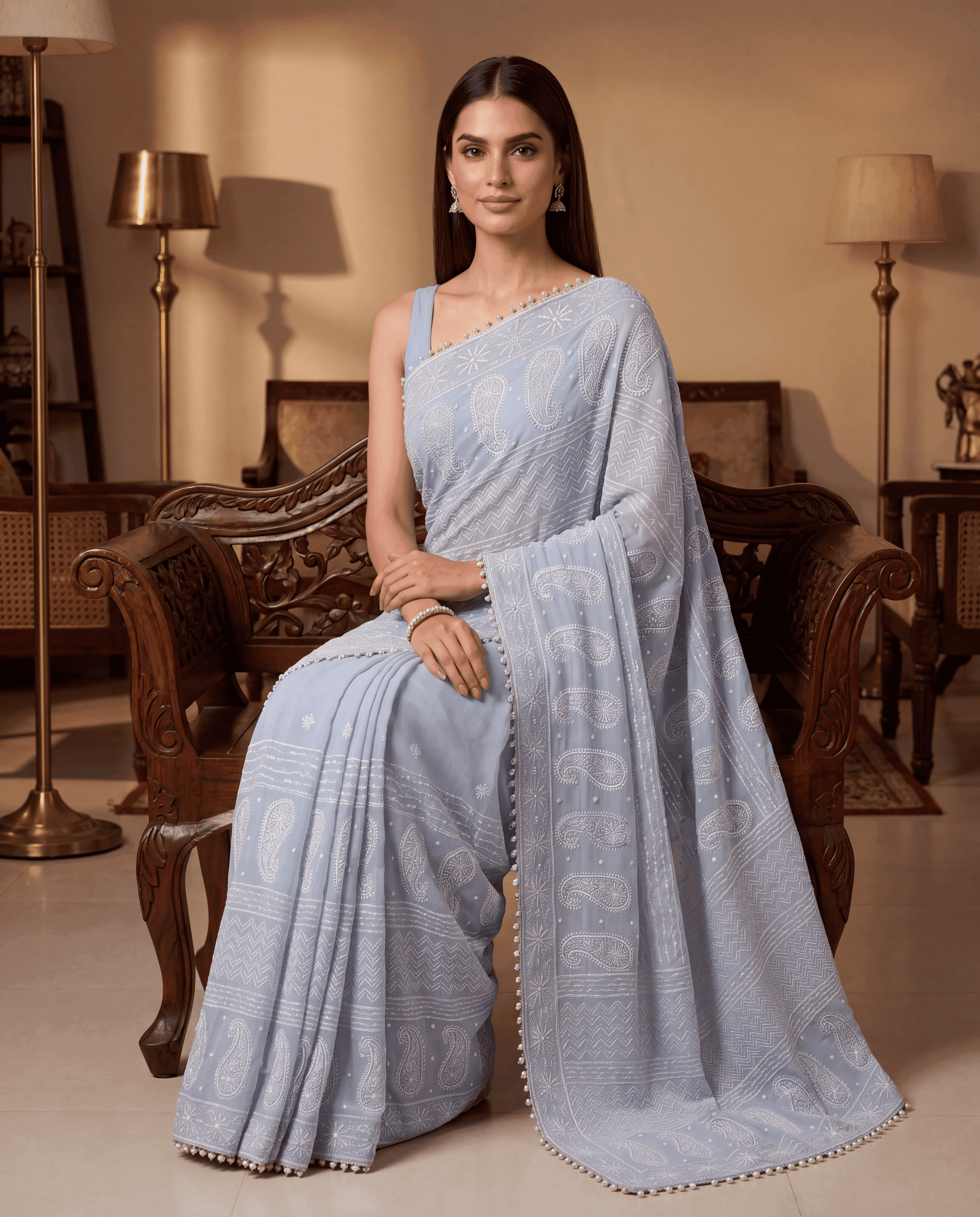 Powder Blue Handcrafted Chikankari Embroidered Saree with Crochet Loop Border and Unstitched Blouse