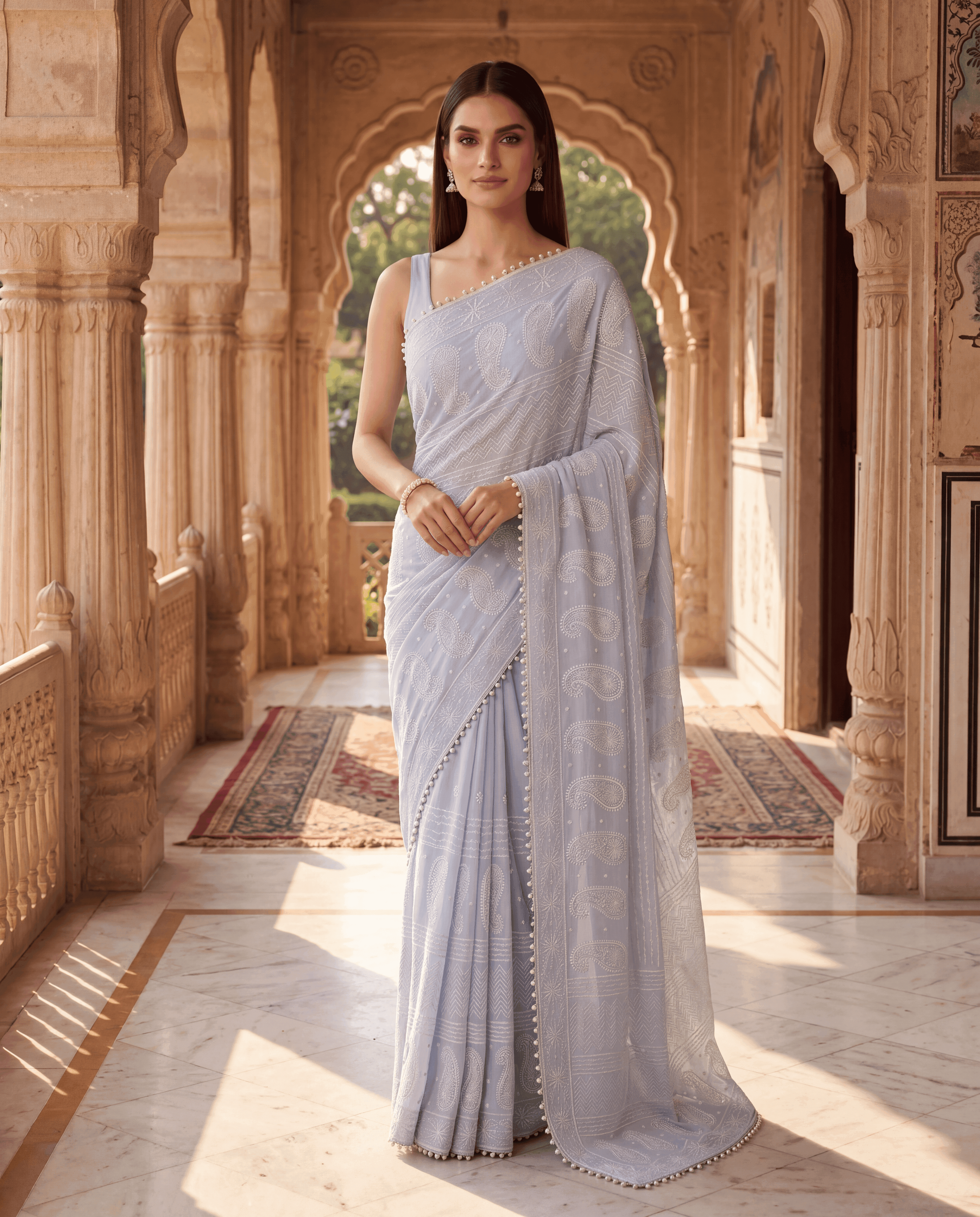 Powder Blue Handcrafted Chikankari Embroidered Saree with Crochet Loop Border and Unstitched Blouse — view 3